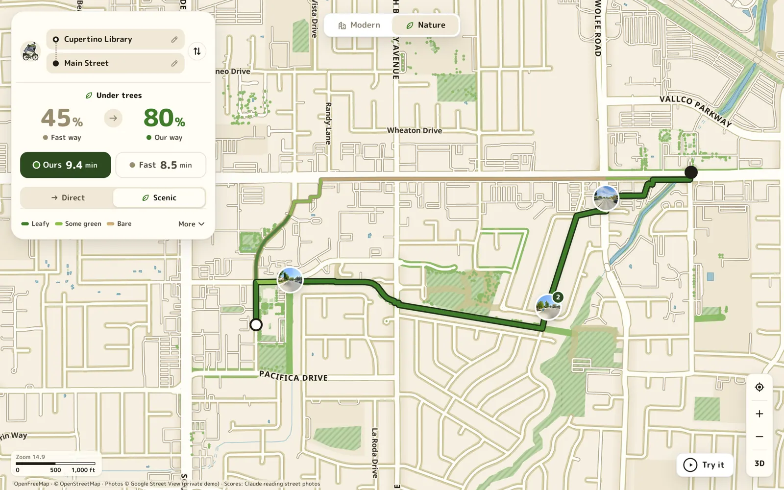 Bikescape Green route map of Cupertino under trees